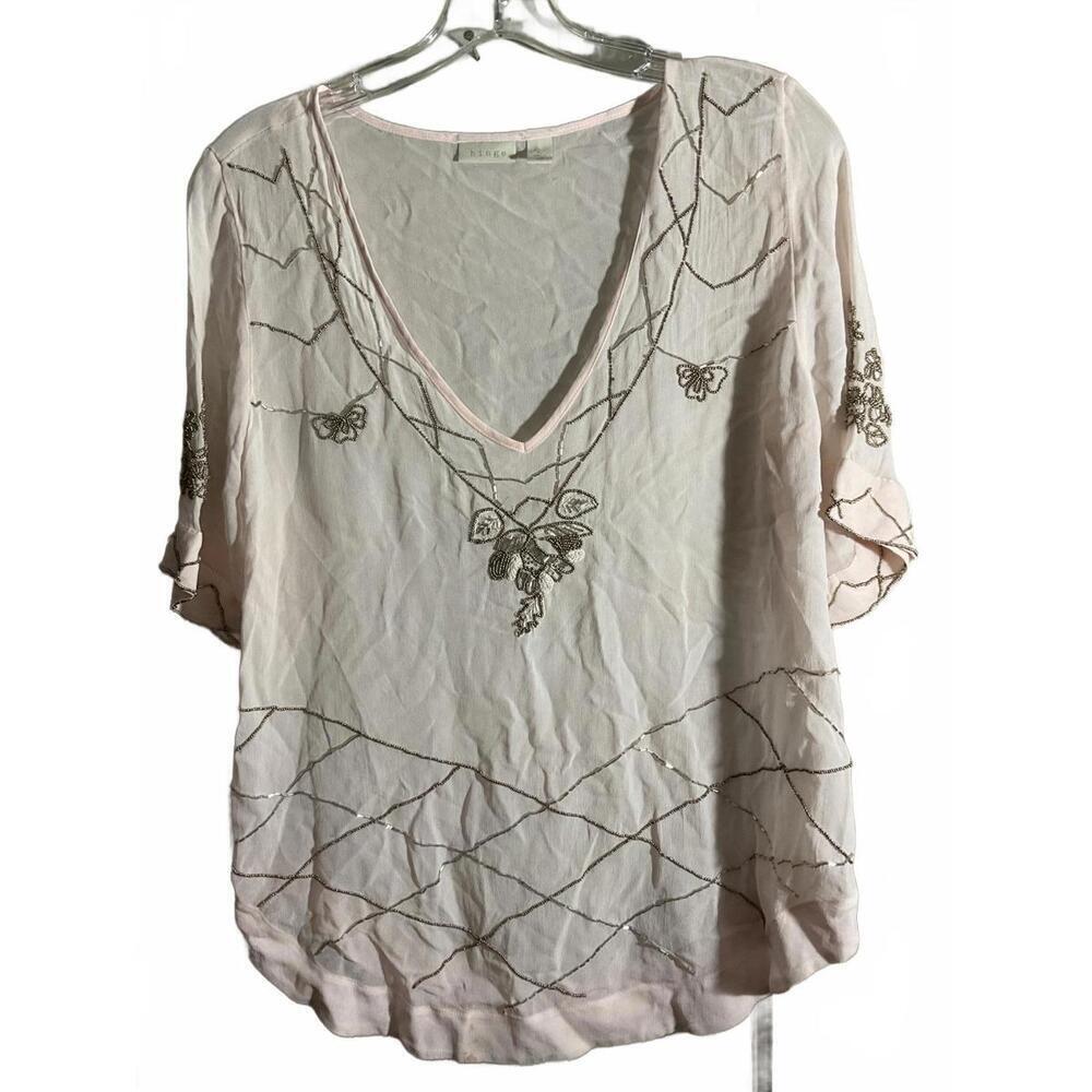 Hinge Elegant Blush Pink Embroidered  With Metallic Thread V-Neck Top Small
